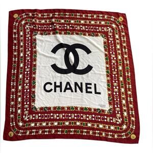 Vintage Chanel Red Gold Chain Silk Hand Rolled Large Square Scarf